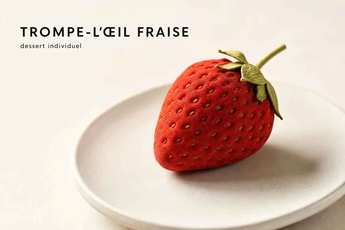 Trompe l oeil fraise en gros plan, dessert réaliste en forme de fraise sur assiette