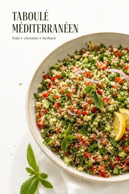 Recette taboulé méditerranéen servie dans un grand plat frais avec tomates, concombre, menthe et citron
