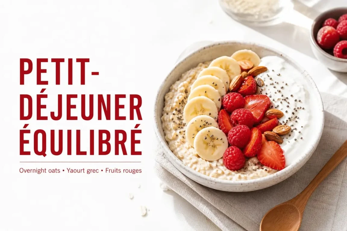 Recette petit dej équilibré dans un bol avec avoine, yaourt, banane, chia et fruits rouges