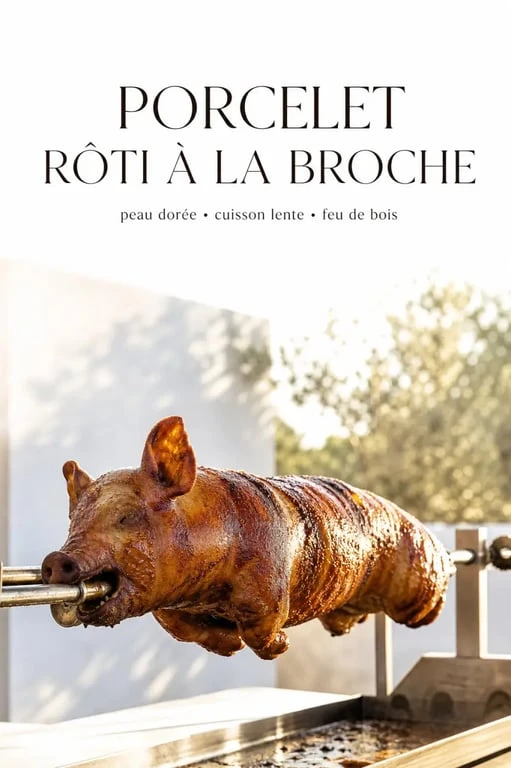 Porcelet à la broche rôti et doré, prêt à être servi lors d'un repas festif