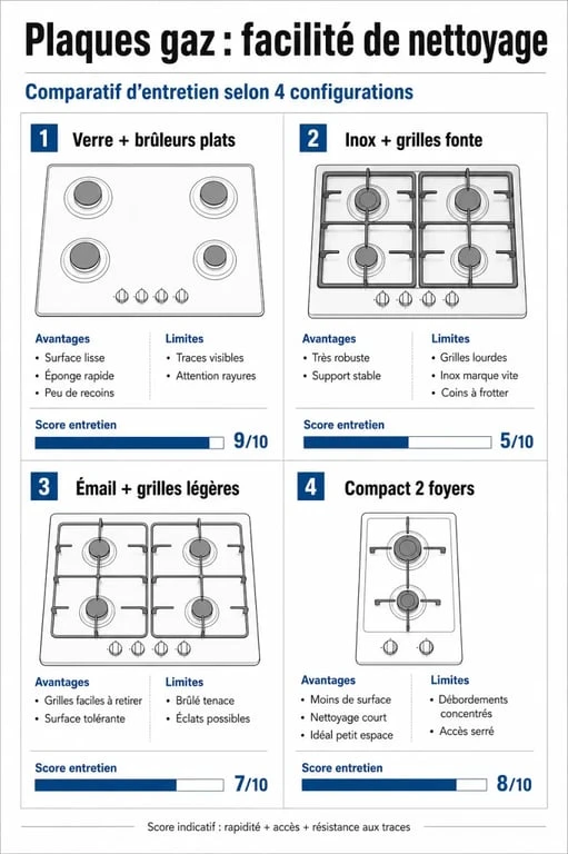 Comparatif visuel d’une plaque gaz facile à nettoyer selon le type de surface et de grilles