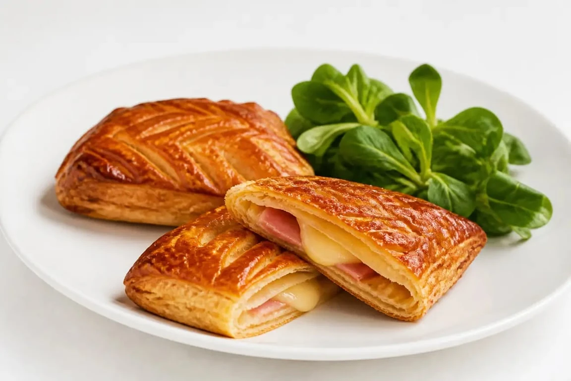 Recette feuilleté salé jambon-fromage dorés et croustillants servis sur une assiette blanche