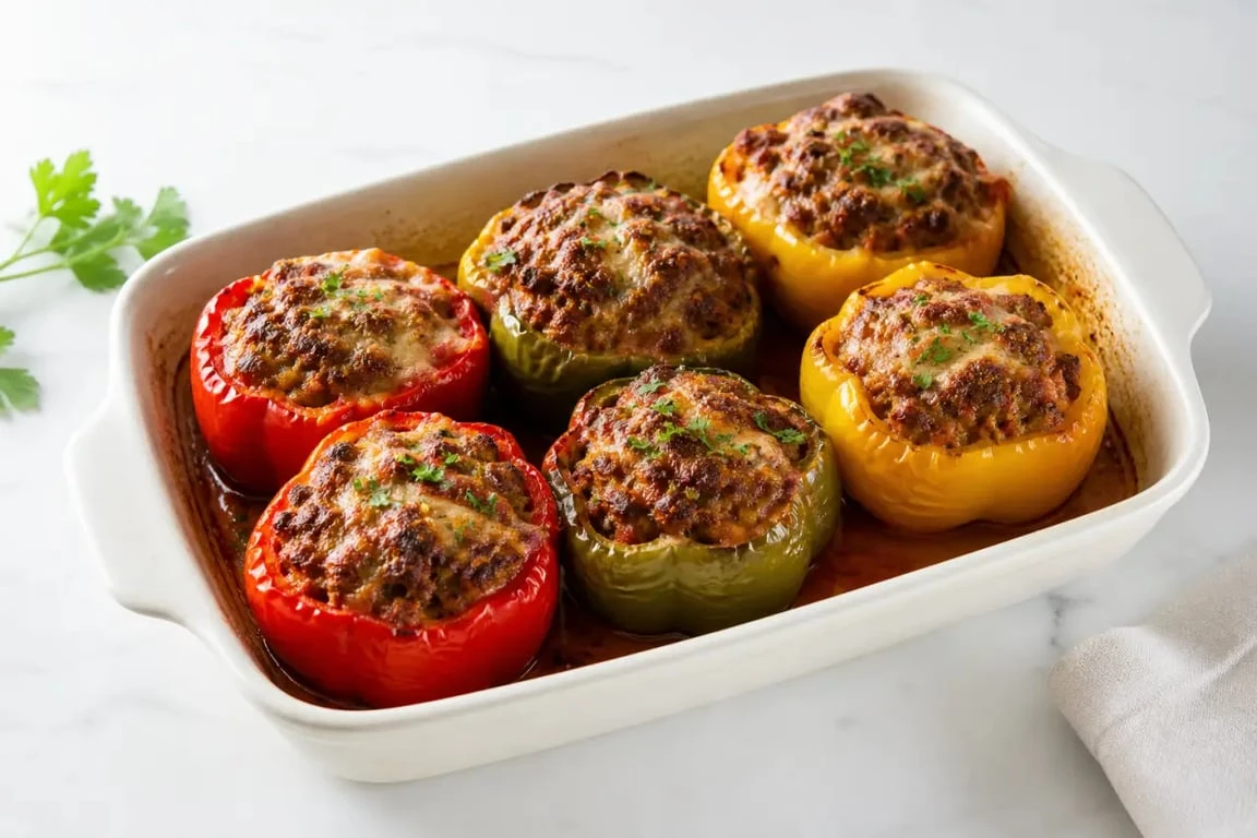 Recette poivrons farcis au four viande hachée servis dans un plat familial