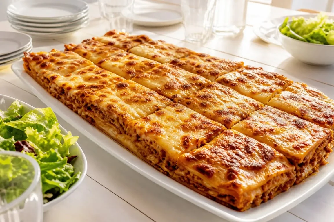 Recette 10 personnes : grandes lasagnes familiales dorées servies en parts généreuses