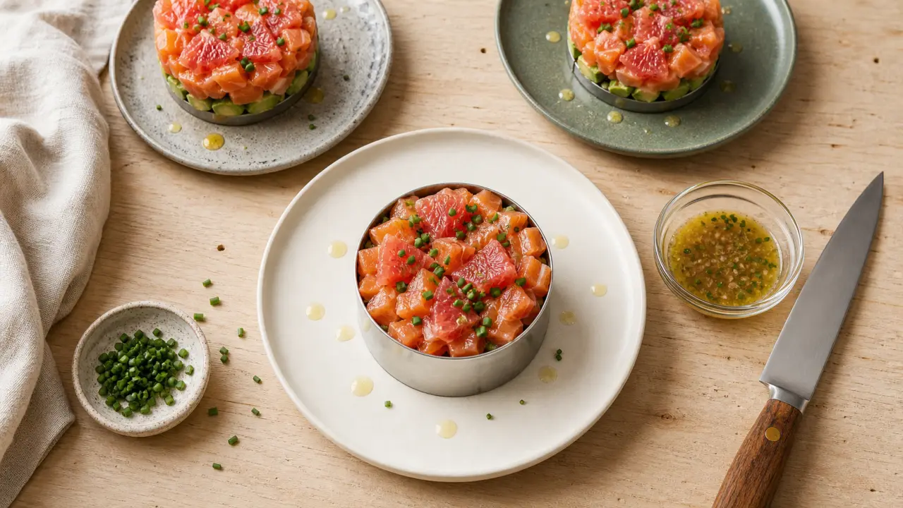 Entrees froides : tartare saumon avocat dressé, service rapide sans stress