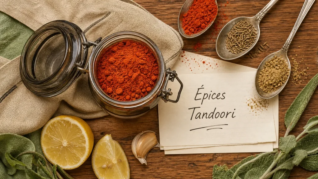 Épices tandoori en poudre rouge orangé et ingrédients pour marinade