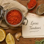 Épices tandoori en poudre rouge orangé et ingrédients pour marinade