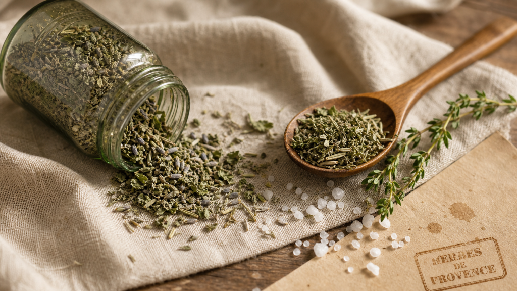 Herbes de provence, mélange d’herbes sur table en bois
