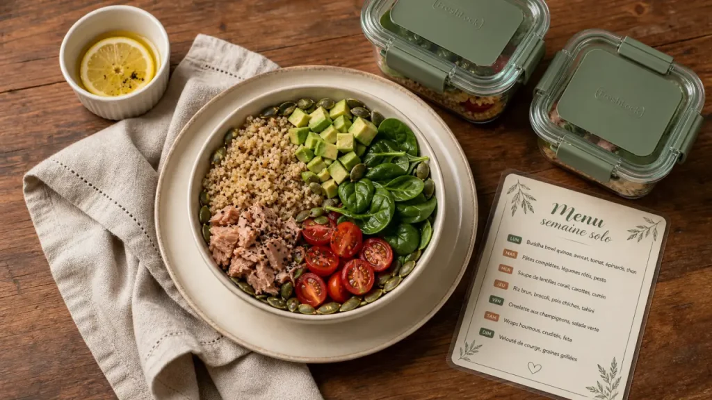 Menu semaine 1 personne : bowl sain et boîtes hermétiques, repas sans gaspillage