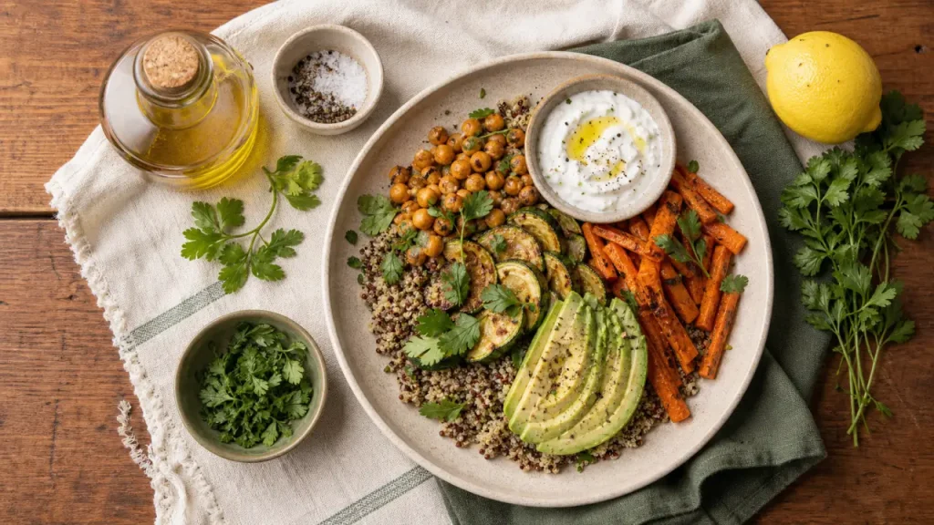 Nourriture healthy : bowl quinoa avec pois chiches et légumes rôtis
