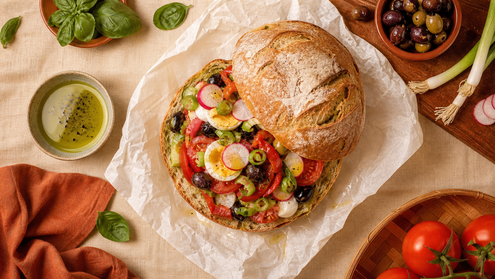 Pan bagnat nice maison avec tomates, radis, olives et œuf dur