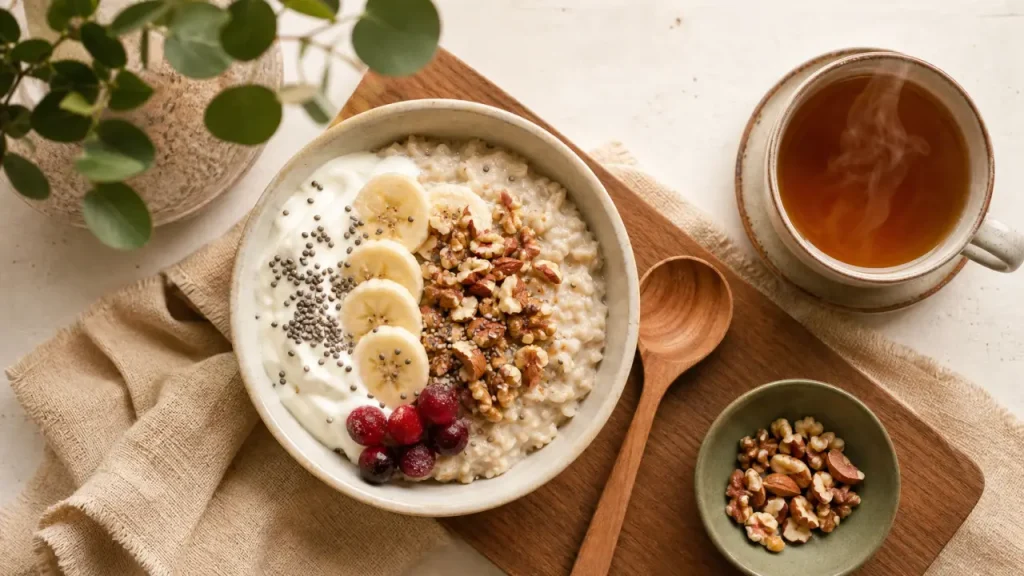 Petit dej équilibré recette : porridge avoine et protéines pour éviter la fringale 10 h