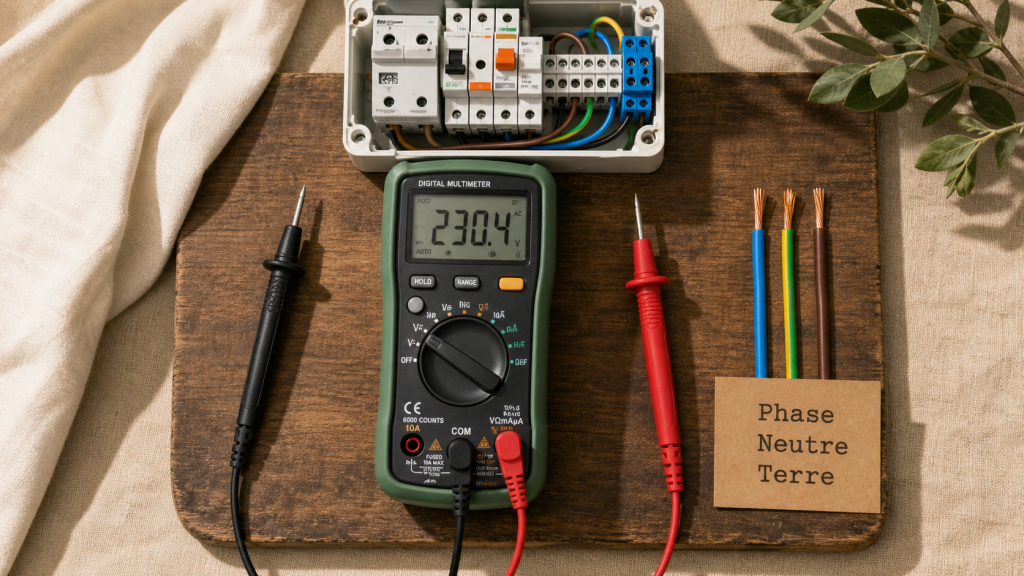Mesure phase neutre et terre au multimètre : 0 V, 2 V ou 100 V