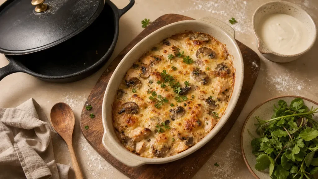 Plat a base de poulet gratin aux champignons, visuel culinaire