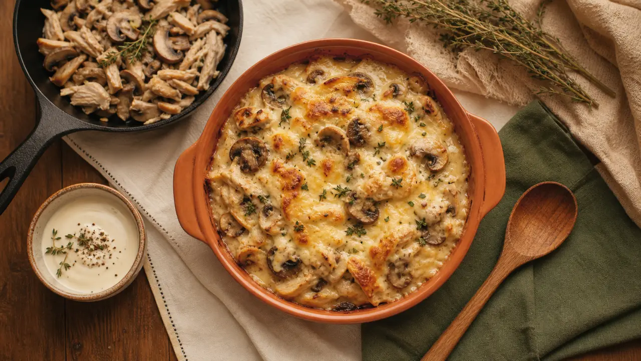 Plat a base de poulet : gratin aux champignons dans un plat en céramique terracotta