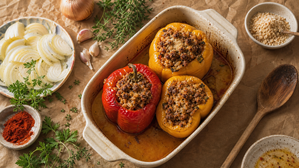 Poivrons farcis au four viande hachee, farce moelleuse au bouillon