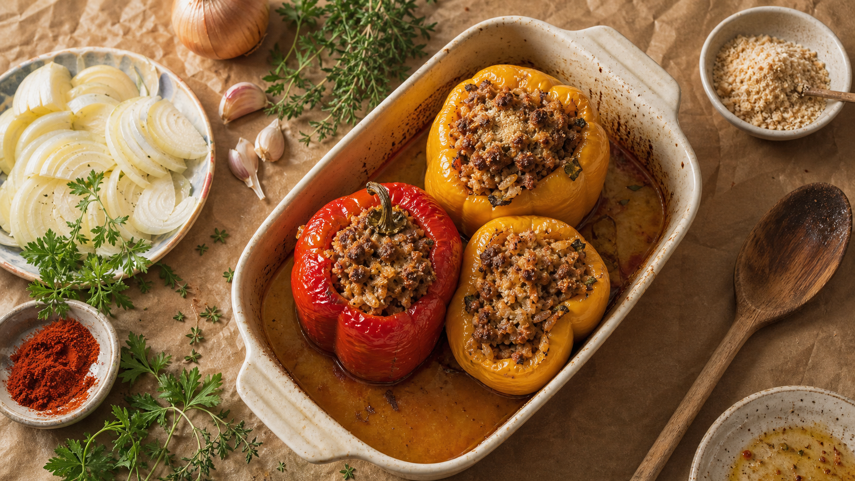 Poivrons farcis au four viande hachee, farce moelleuse au bouillon