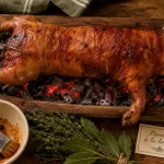 Porcelet a la broche sur braises, peau croustillante