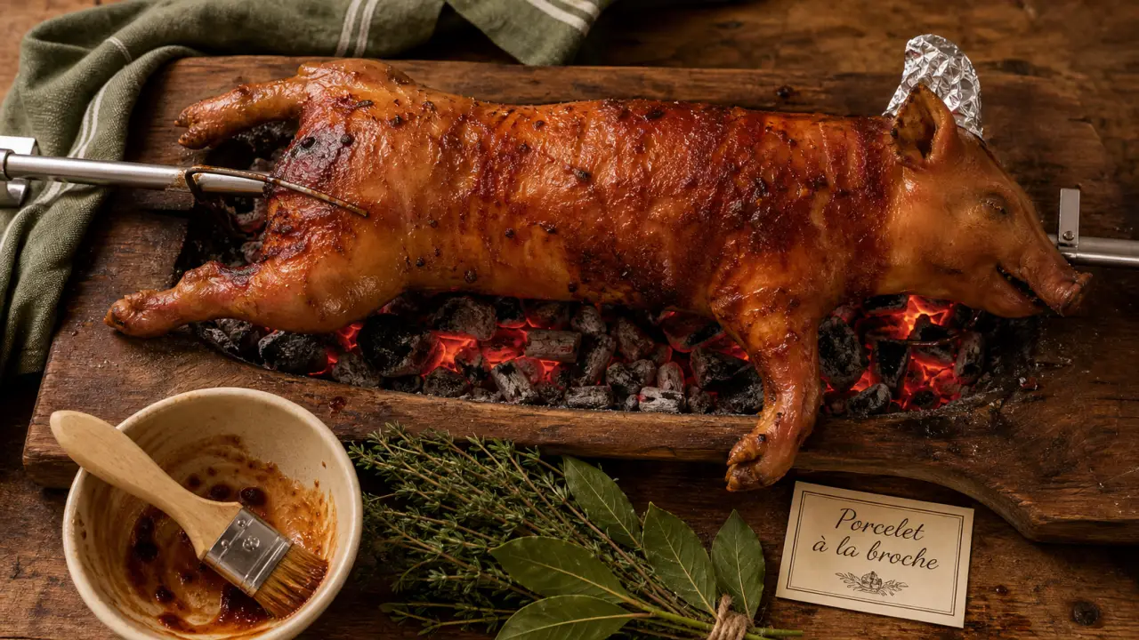 Porcelet a la broche sur braises, peau croustillante
