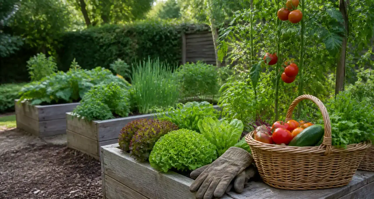 Potager de jardin avec légumes frais récoltés, panier en osier et carrés potagers