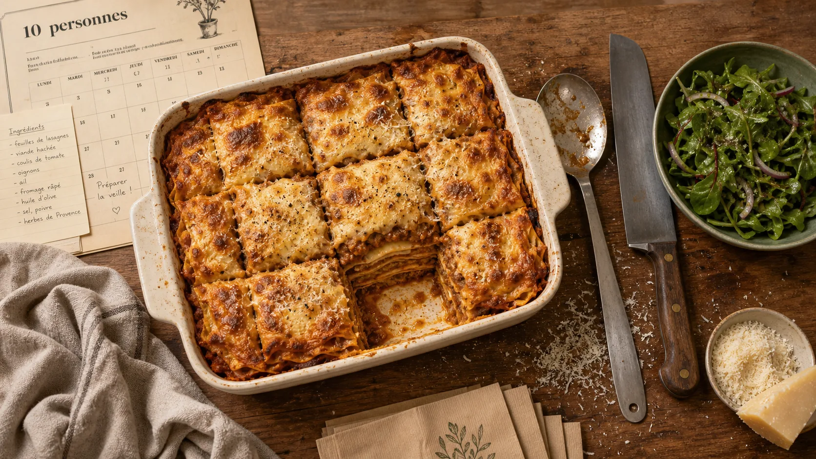 Recette 10 personnes : lasagnes généreuses, plat à gratin et salade verte