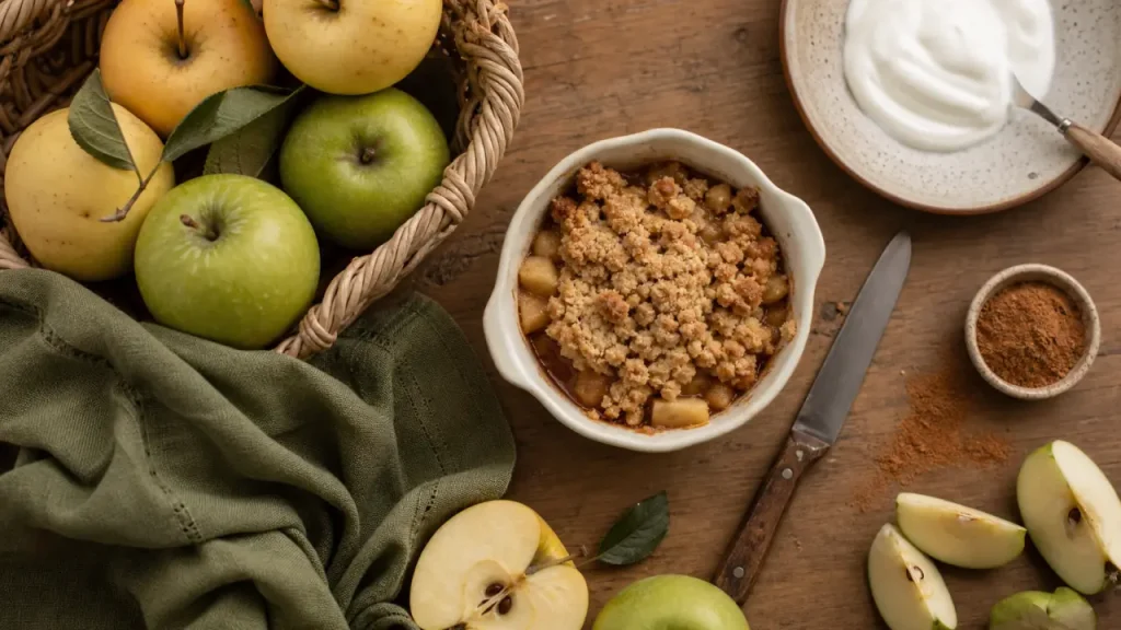 Recette avec des pommes : crumble fondant aux pommes sur table en bois
