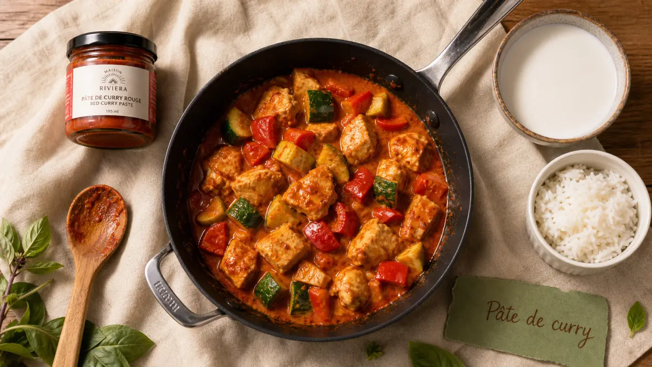 Recette avec pate de curry rouge, lait de coco et poulet en sauteuse