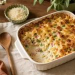 Recette facile pas cher : gratin de pâtes au jambon et petits pois