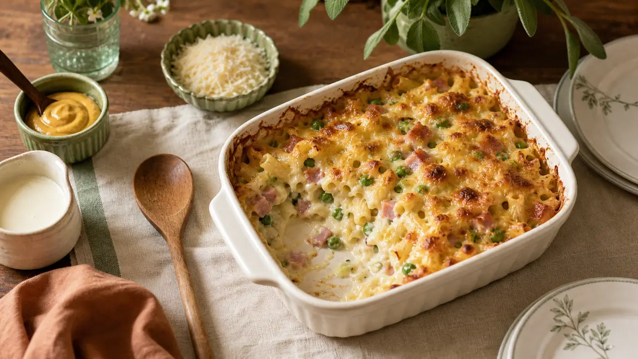 Recette facile pas cher : gratin de pâtes au jambon et petits pois