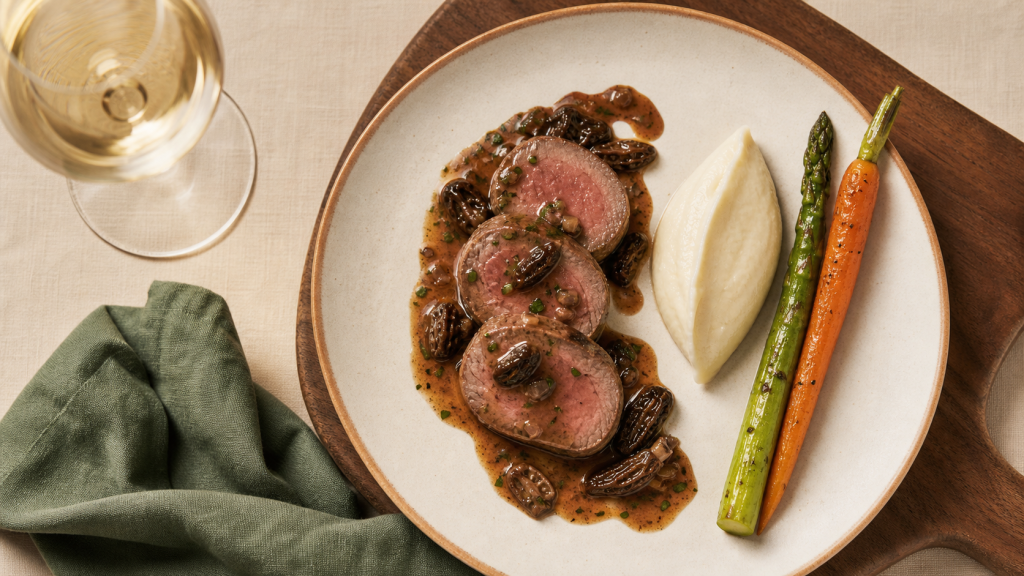 Recette filet mignon de veau gastronomique : médaillons rosés et sauce aux morilles, dressage net