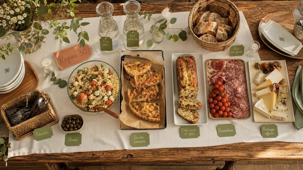 Repas pour 30 personnes : buffet froid et plat chaud sur table