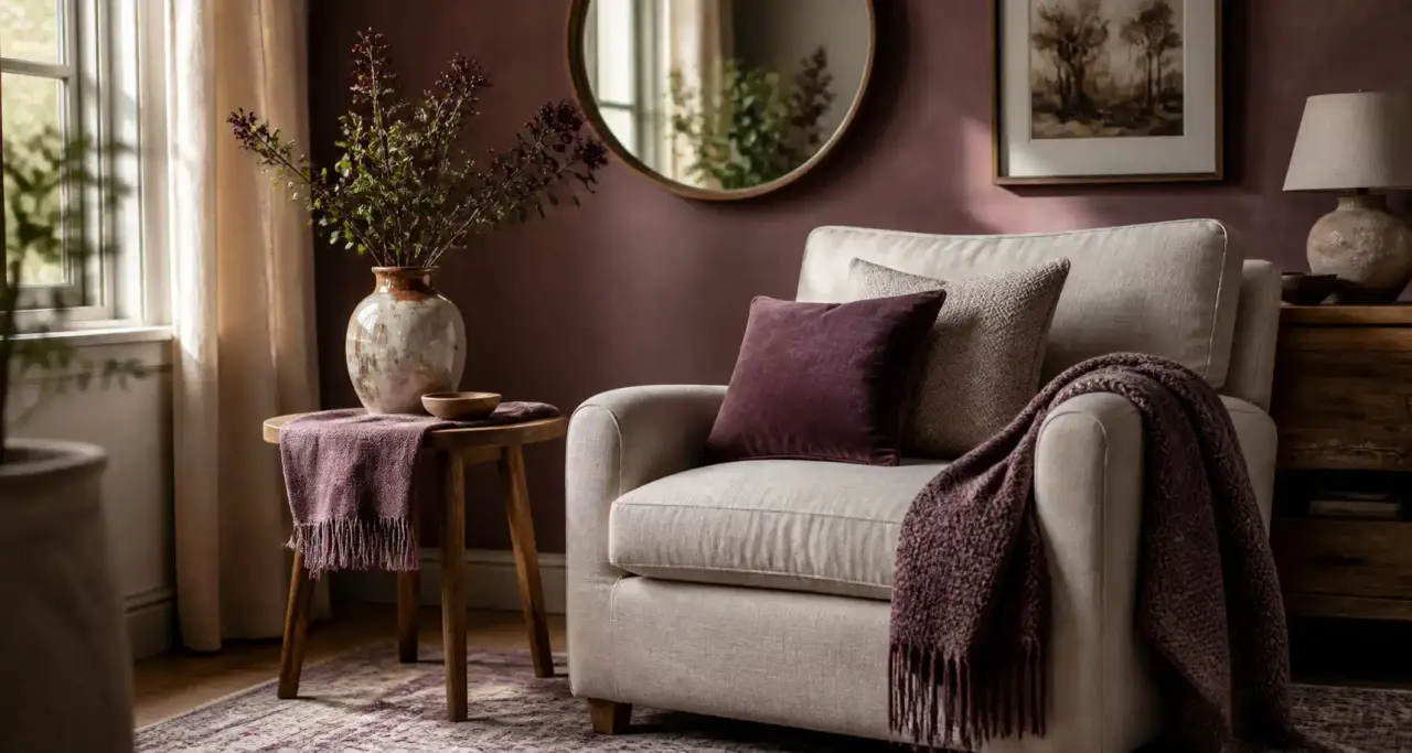 Salon cocooning avec fauteuil en lin, table basse en bois et lumière naturelle