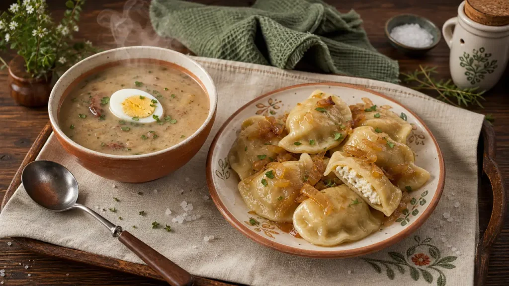Spécialité polonaise : bol de zurek et pierogi dorés