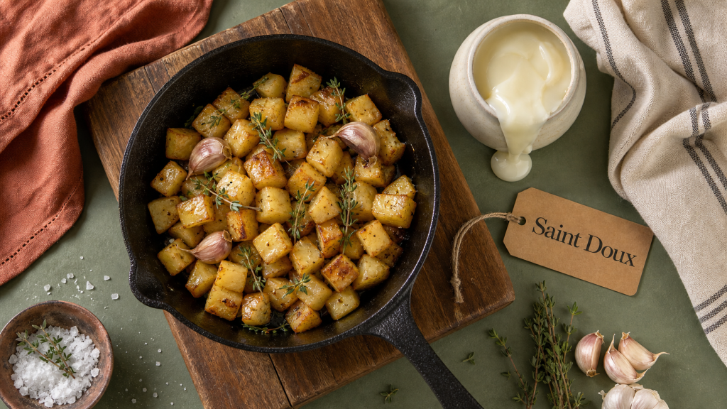 st doux : pommes de terre au saindoux, pot de Saint Doux, ail et thym