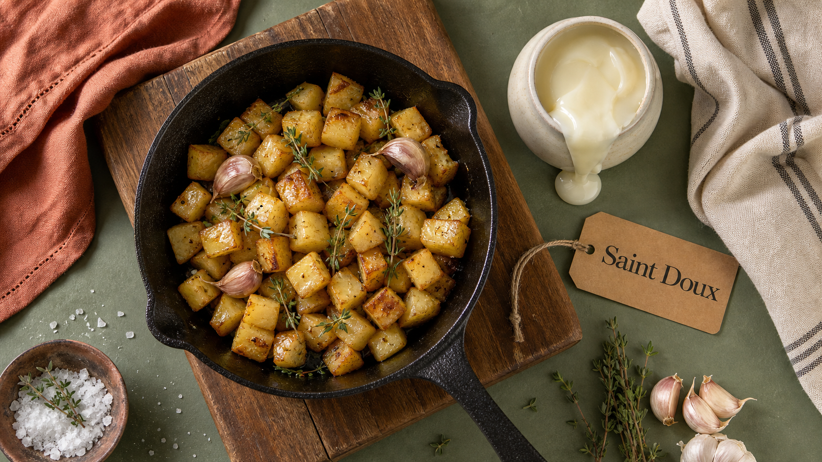 st doux : pommes de terre au saindoux, pot de Saint Doux, ail et thym
