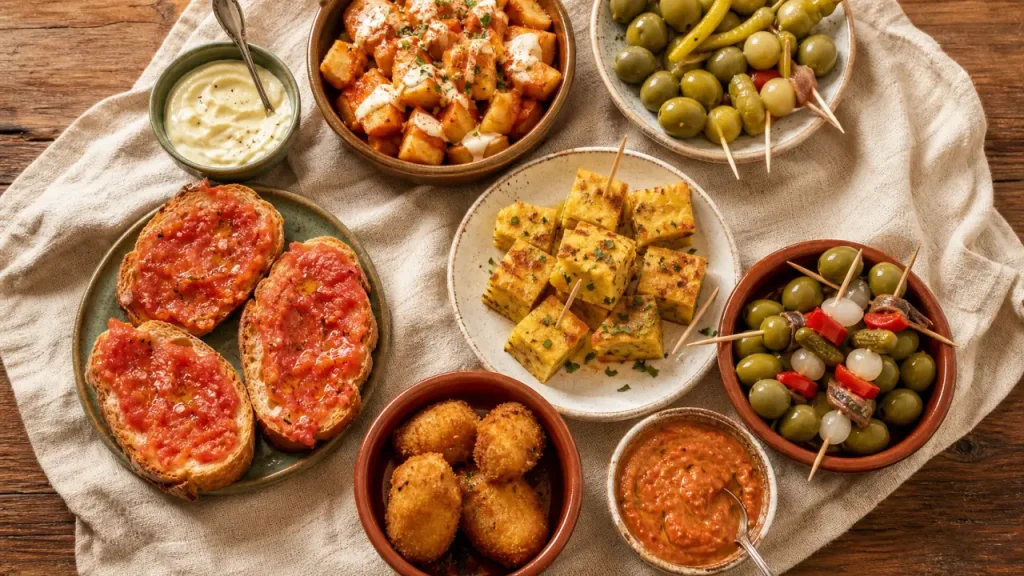 Tapas espagnols maison sur table en bois, 3 recettes faciles