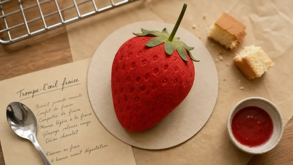 Trompe l oeil fraise velours rouge, moule silicone, dessert réaliste