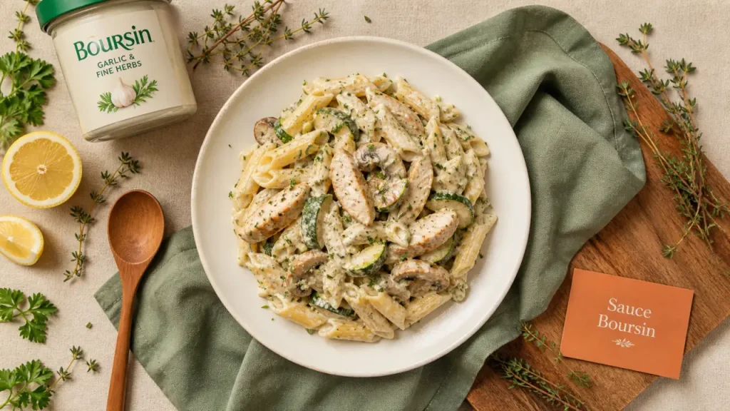 Boursin recettes cuisine : sauce ail & fines herbes sur pâtes crémeuses