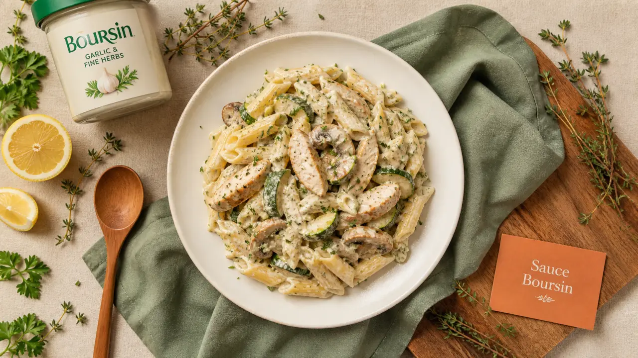 Boursin recettes cuisine : sauce ail & fines herbes sur pâtes crémeuses