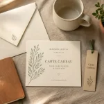 Carte cadeau décoration maison sur tissu beige lin, bougie et mini plante