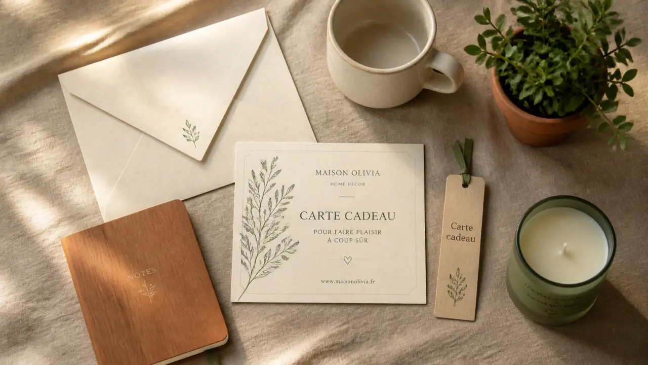 Carte cadeau décoration maison sur tissu beige lin, bougie et mini plante