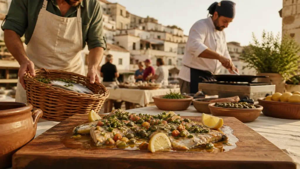 Cuisine ouverte recettes : poisson régional revisité sur planche bois, herbes et agrumes
