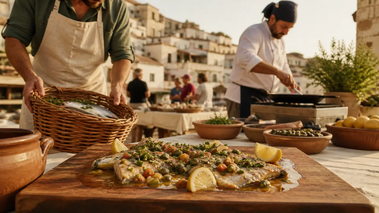Cuisine ouverte recettes : poisson régional revisité sur planche bois, herbes et agrumes