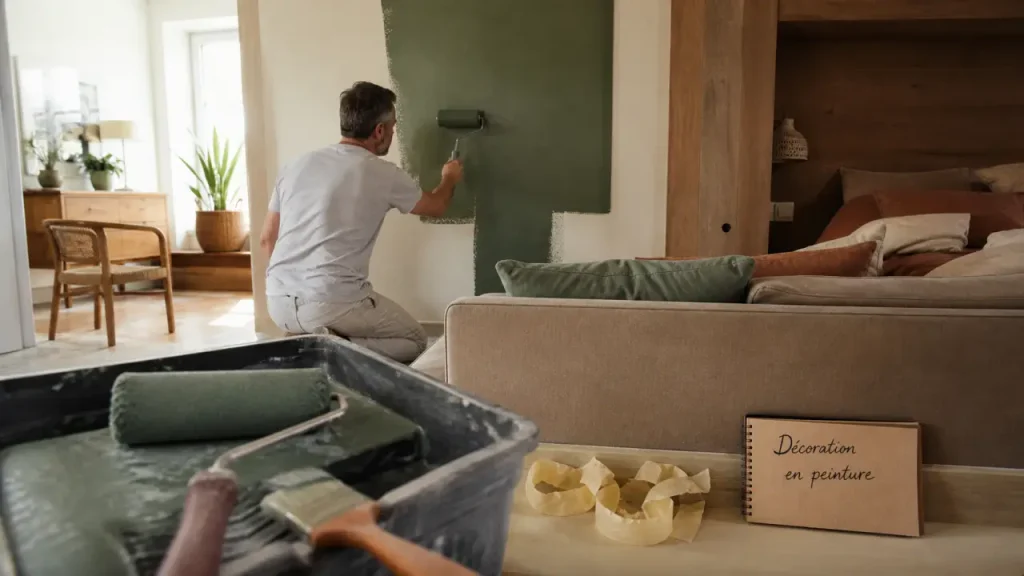 Decoration en peinture murale : artisan pose un mur d’accent