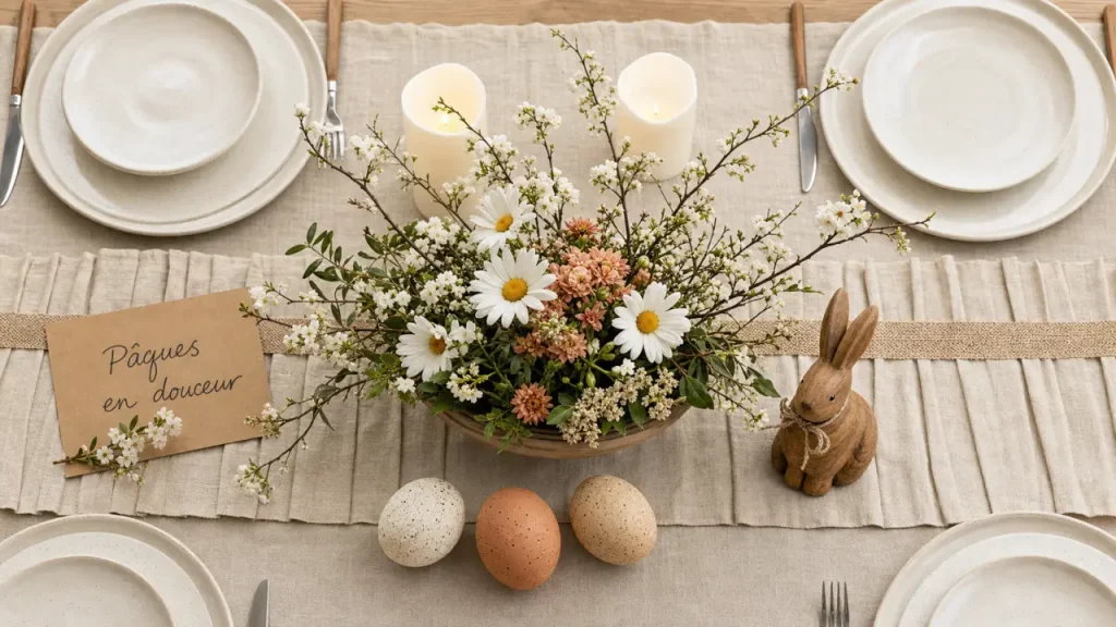 Décoration maison Pâques : table printanière avec œufs et lapin, sans surcharger le salon