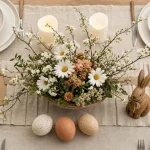 Décoration maison Pâques : table printanière avec œufs et lapin, sans surcharger le salon