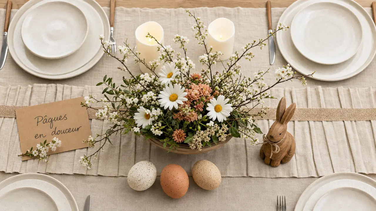 Décoration maison Pâques : table printanière avec œufs et lapin, sans surcharger le salon