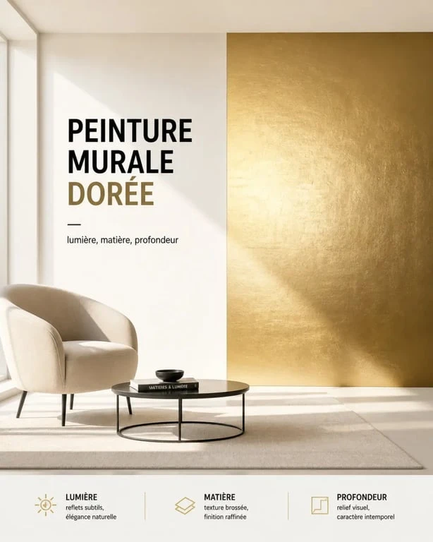 Peinture murale dorée dans un salon contemporain avec reflets lumineux