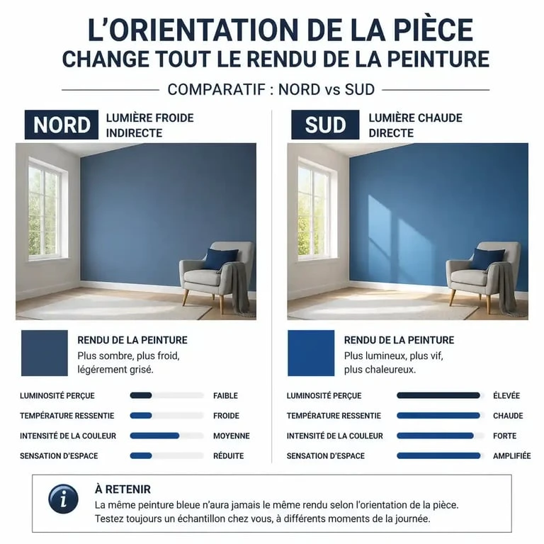 Impact de la luminosité sur la peinture murale bleue selon l'orientation