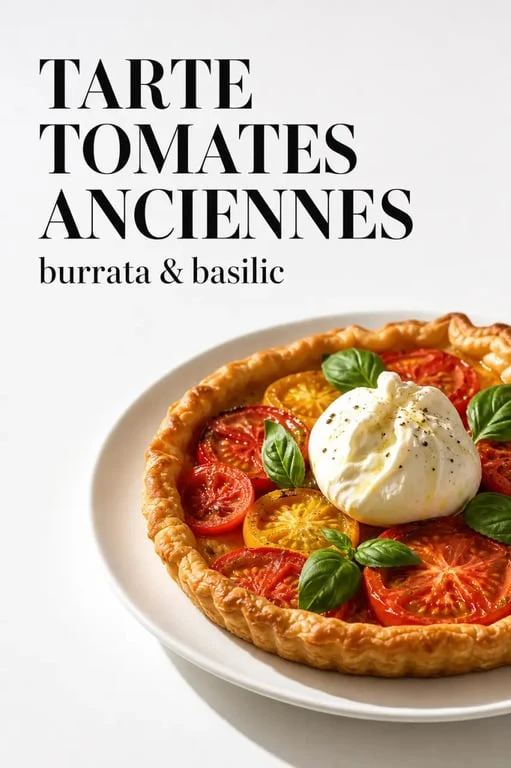 Recette cuisine et vin de france recettes : tarte salée aux tomates anciennes, burrata et basilic